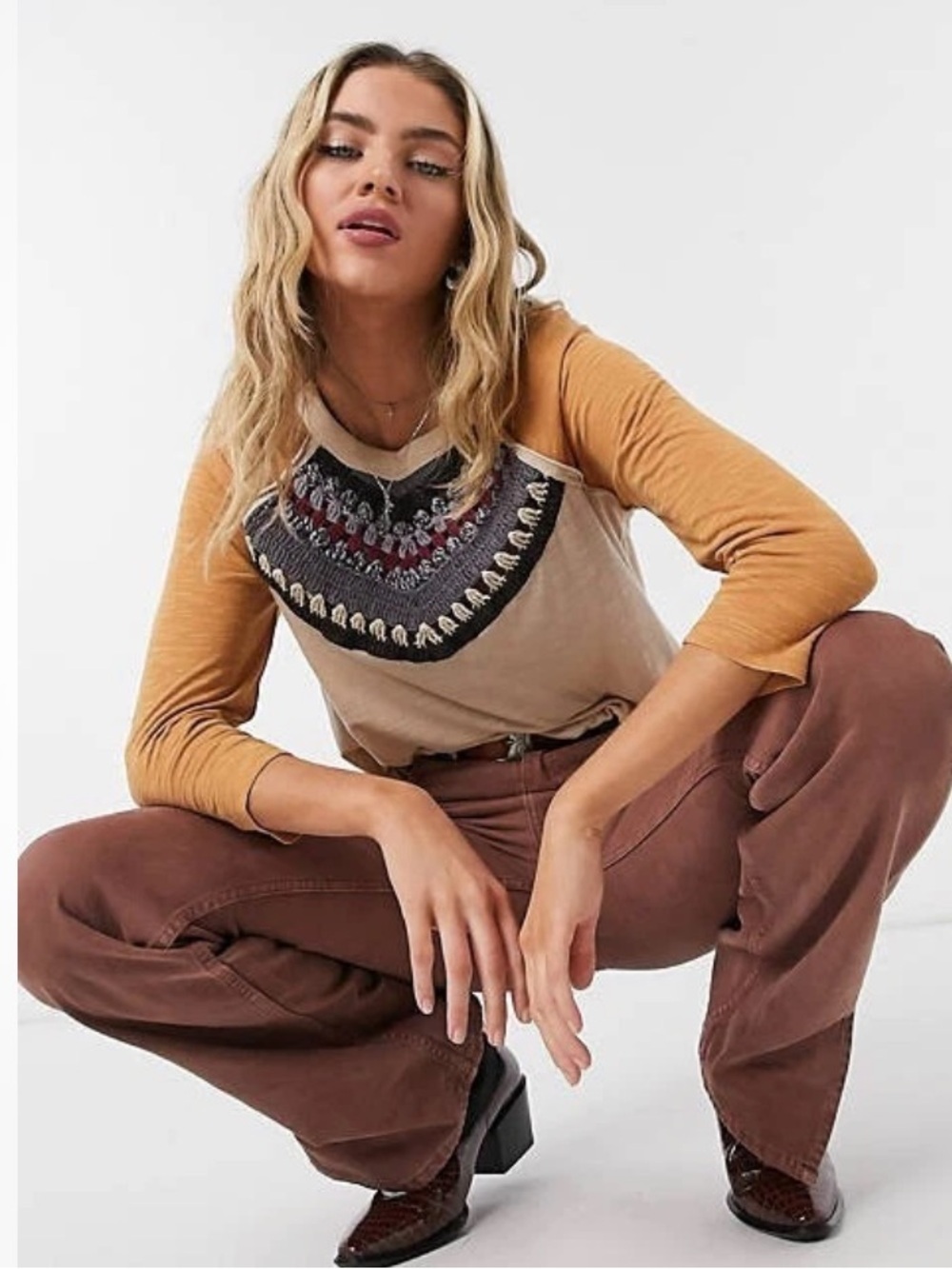 Free People Spring Bound Baseball Tee Mustard and Cream Embroidered Raglan Tee